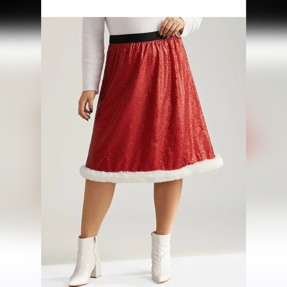 BloomChic Dresses & Skirts - BloomChic Christmas Sequin Patchwork Fuzzy Trim Skirt